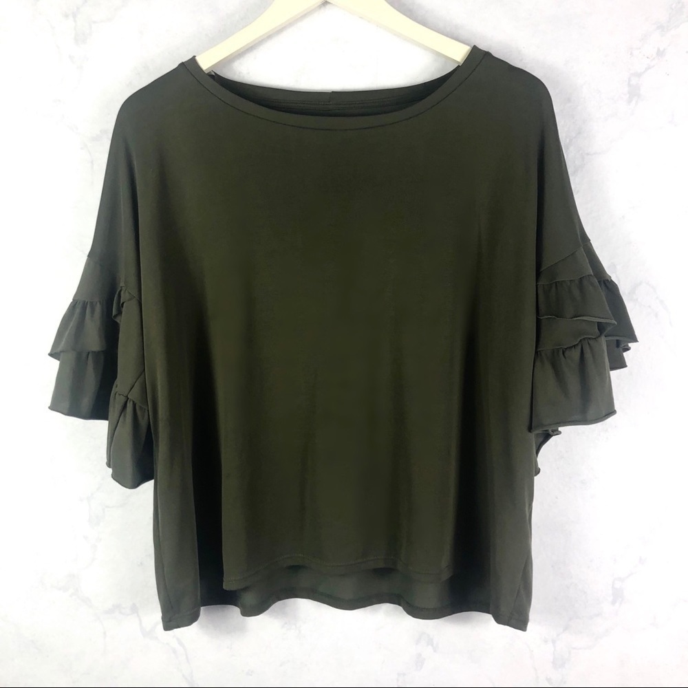 [Alya] Olive Green Ruffled Sleeve Top